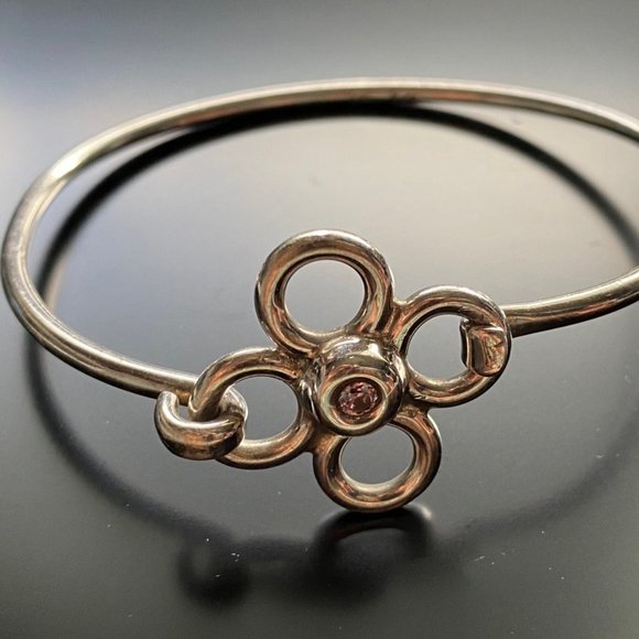 Vintage Mexico 925 Silver Flower Bangle Bracelet w/Pink Crystal Center - Picture 1 of 11